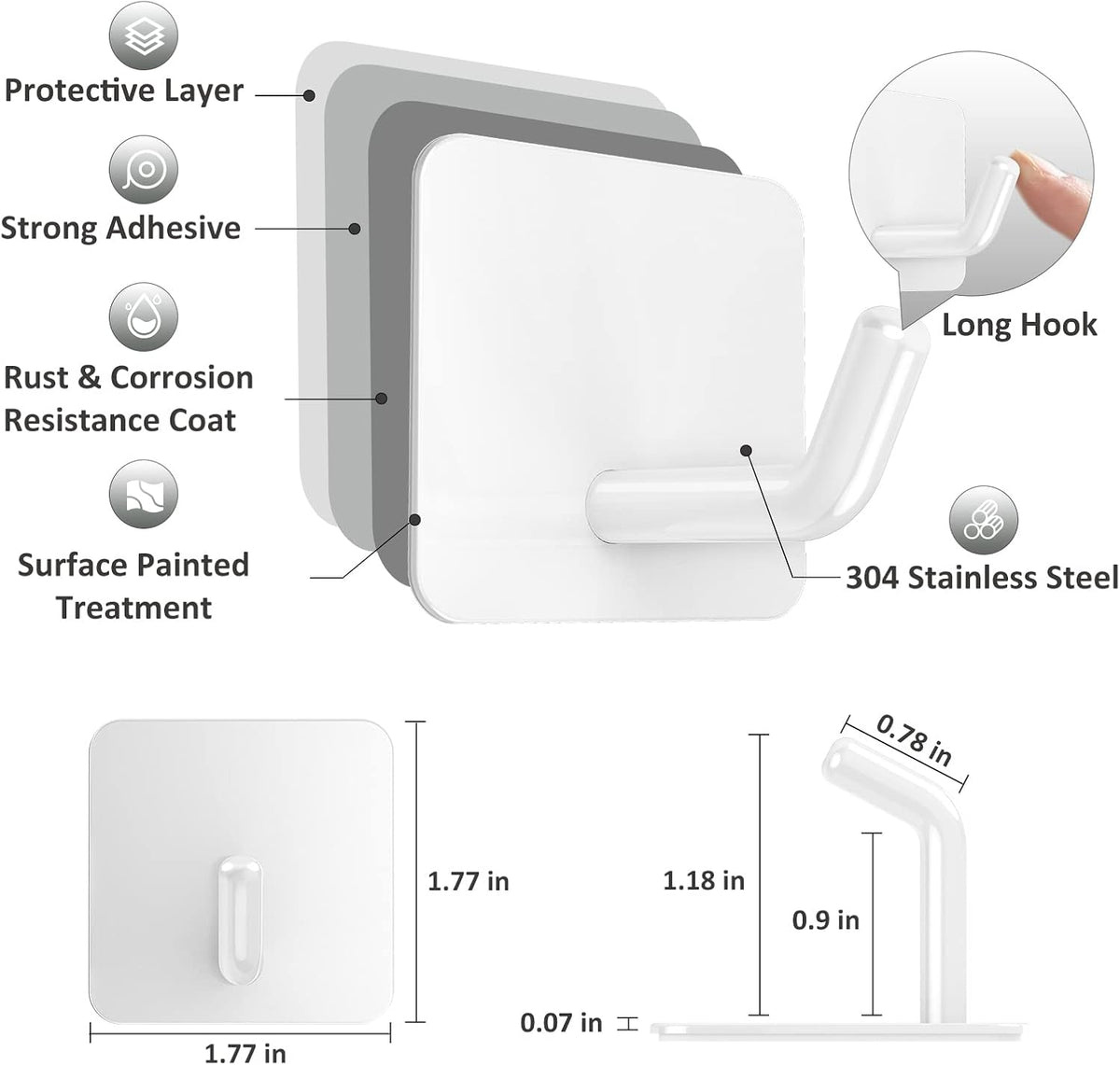 VIS'V Adhesive Hooks, Heavy Duty Shower Wall Stick on Hooks, Waterproof, White, 6 Pcs