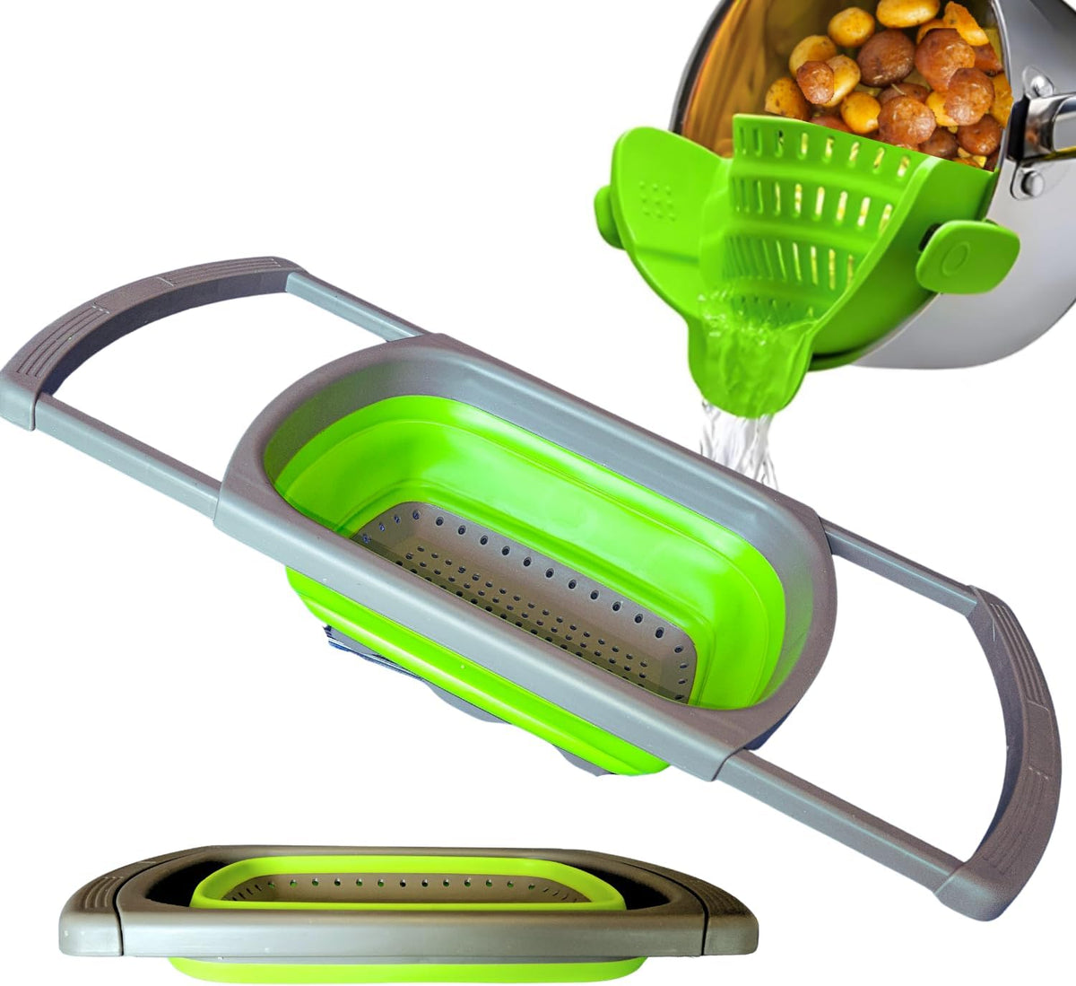 Collapsible Colander | Over the sink silicone kitchen strainer and collander with extendable handle | Clip-on silicone strainers for pots and pans|