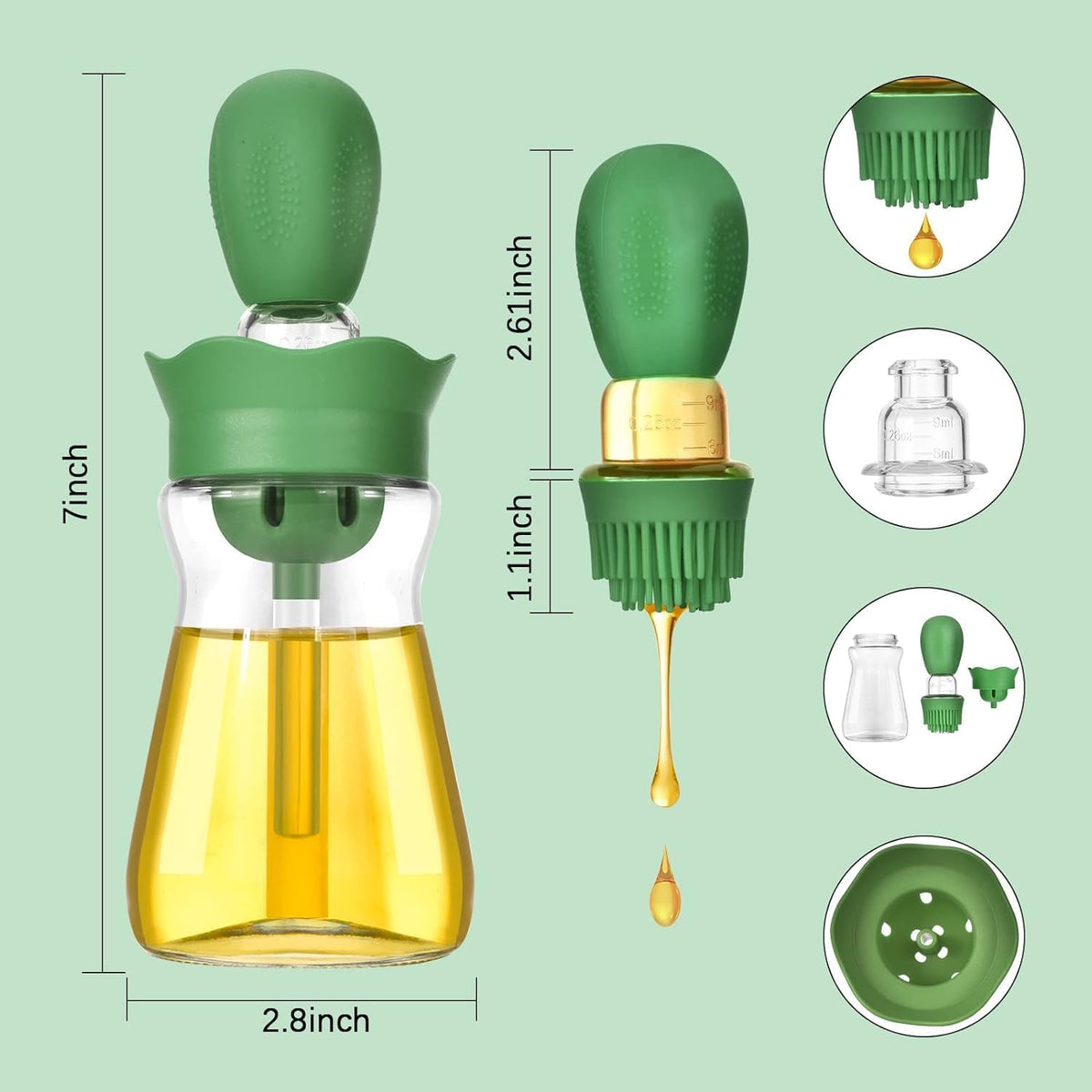 Oil Dispenser with Brush-2Pack 7oz/200ML 2 IN 1 Glass Cooking Oil Dispenser Bottle with Silicone Basting Brush for Kitchen, Oil Storage and Container for Cooking BBQ, Vinegar, Sauce, Air Fryer - Green