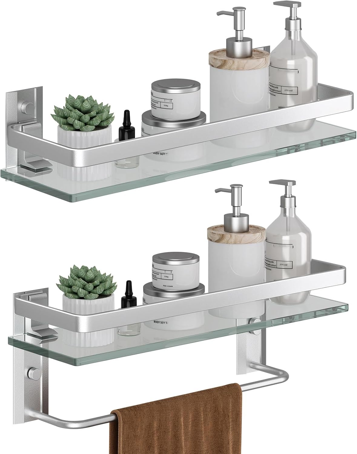 Danpoo Bathroom Shelves Wall Mounted, Clear Tempered Glass Shelf with Towel Bar, Hand Towel Holder(Matte Silver)