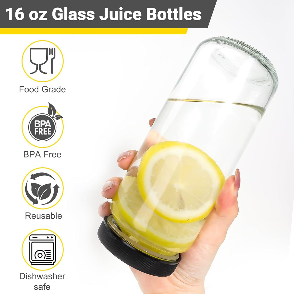 Keketin 16 oz Glass Juice Bottle with Airtight Lids,Set of 6 Wide Mouth Water Bottles for Beverages,500ML Reusable Empty Glass Drinking Jars for Juicing,Smoothies,Ginger and Milk