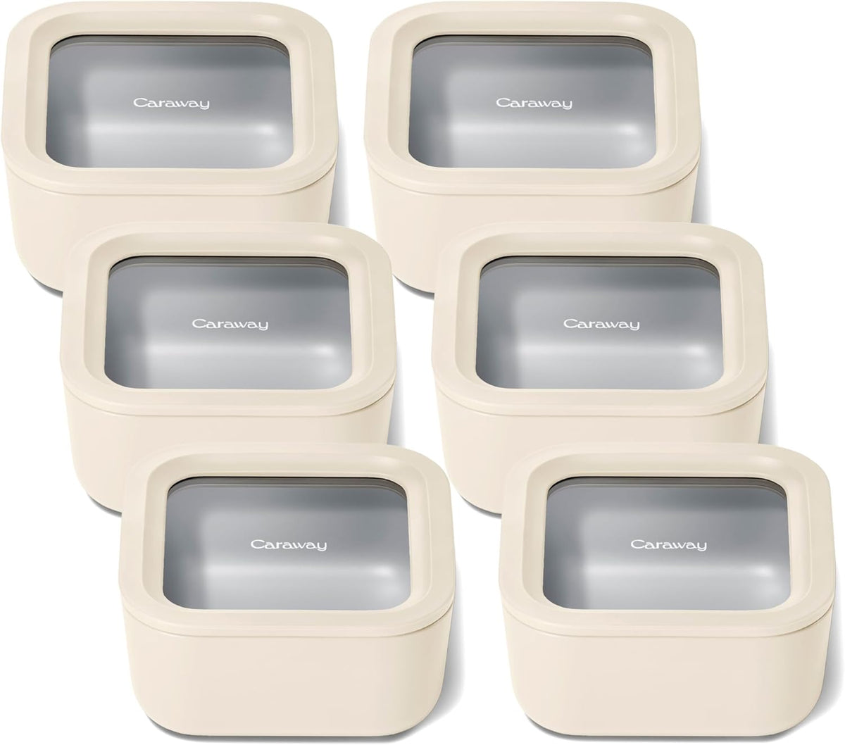 Caraway 6pc Glass Food Storage Set – 4.4 Cup Food Containers (6) - Ceramic Coated - Non Toxic, Non Stick with Lids - Microwave Safe - Cream