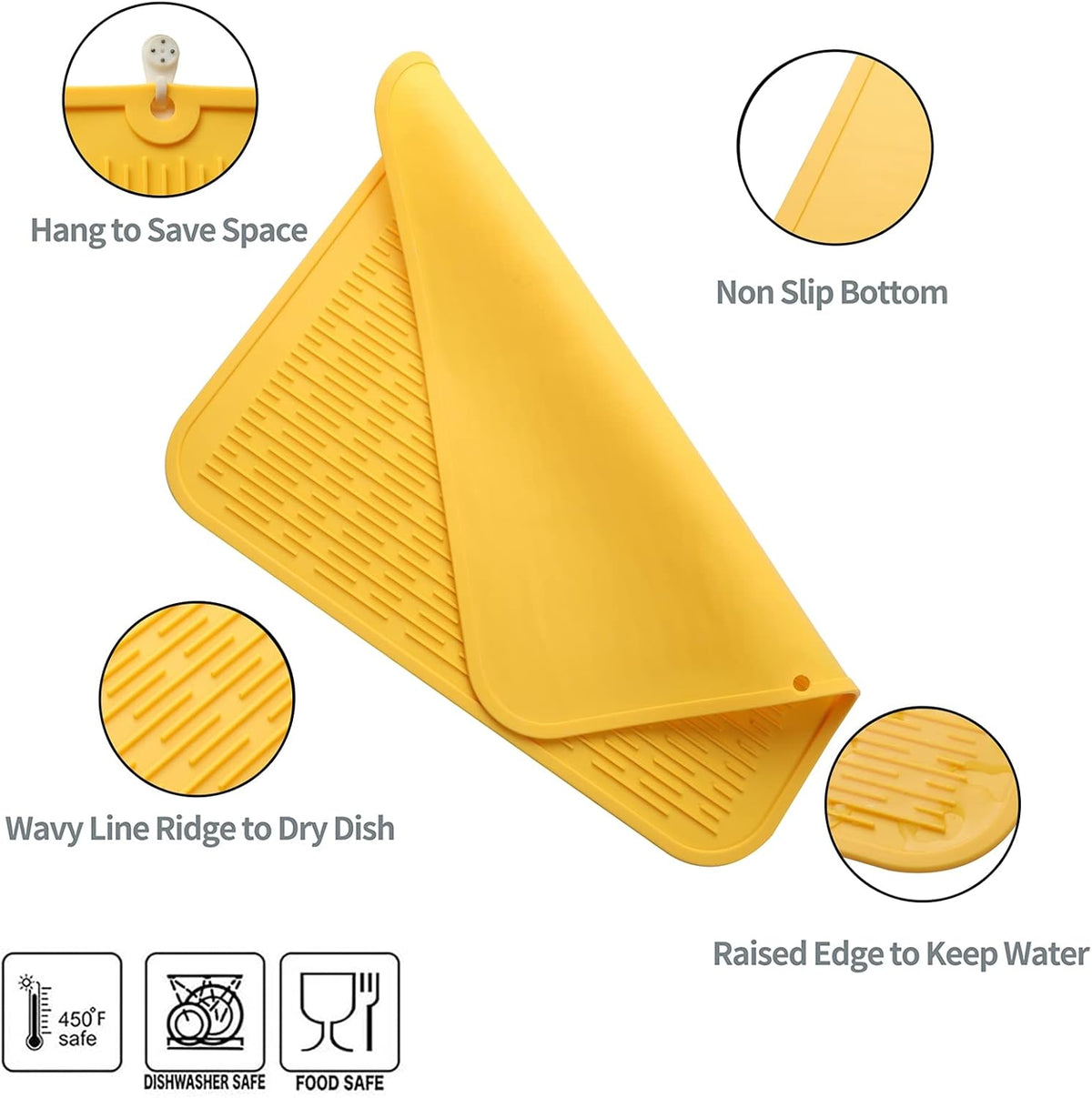 Silicone Dish Drying Mat for Multiple Usage,Easy clean,Eco-friendly,Heat-resistant Silicone Mat for Kitchen Counter or Sink,Refrigerator or Drawer Liner Yellow 2XL 24 inches x 18 inches