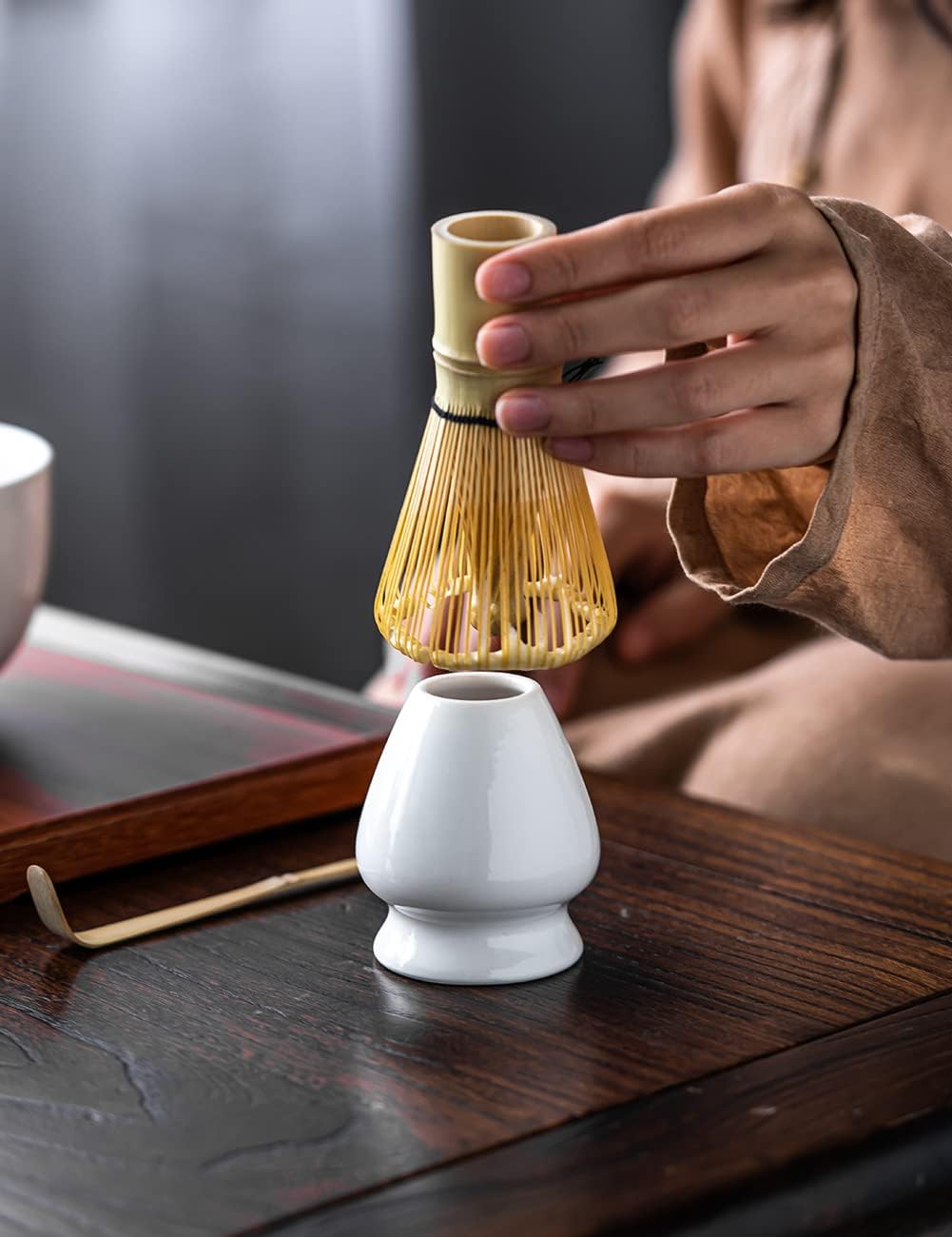 TANG PIN Matcha Set - Match Bowl and Whisk,15 OZ, Matcha Scoop | Matcha Whisk Stand (Chasen Holder) - 4pc Perfect Matcha Kit for Matcha Tea Ceremony (White)