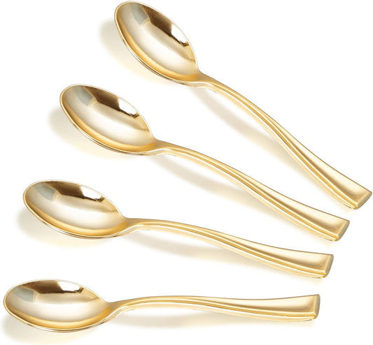 WDF 300 Pieces Plastic Gold Mini Spoons - 4 Inches Gold Plastic Tasting Spoons for Desserts, Heavy Duty Disposable Spoons Perfect for Coffee, Cake, Desserts, Appetizers