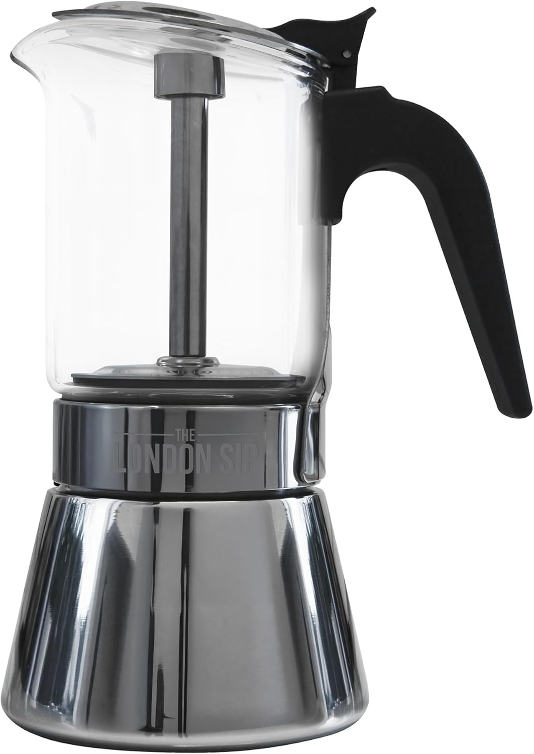 London Sip Glass and Stainless Steel Stovetop Espresso Maker Moka Pot Italian Coffee Percolator, Glass, Medium (10.14 oz)