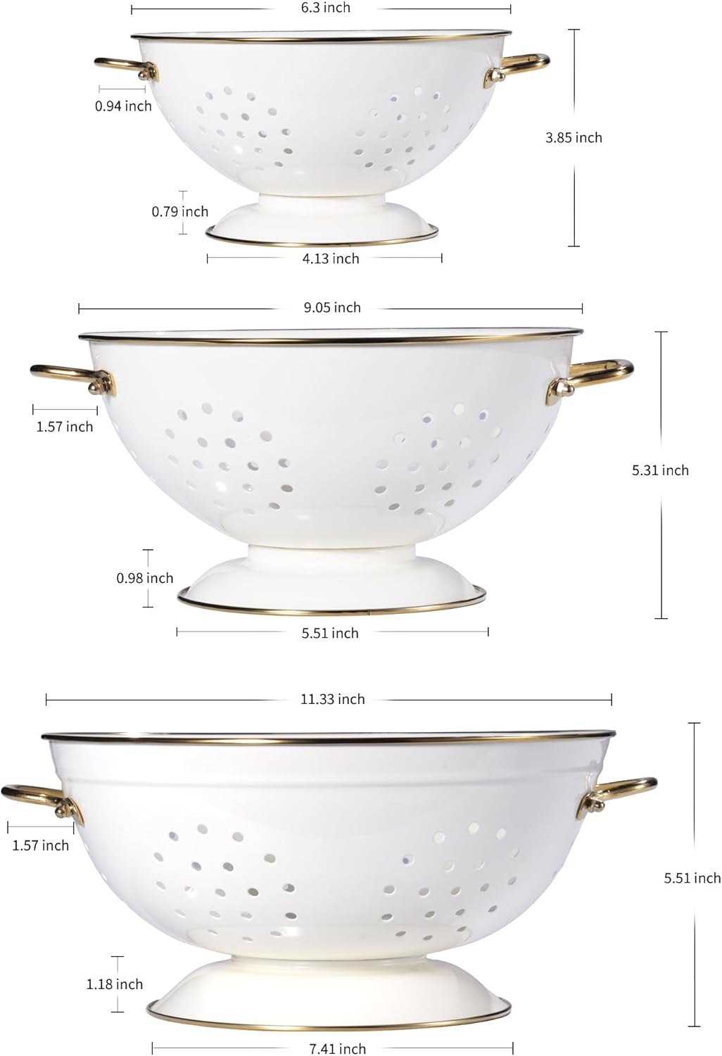 Metal Colander Set of 3, Strainer Basket with Handles perfect for Spaghetti, Pasta, Berry, Vegetable, Fruit, Solid Base Powder Coated Kitchen Essential Strainer Set, 1 & 3.5 & 5 Qt (Cream)
