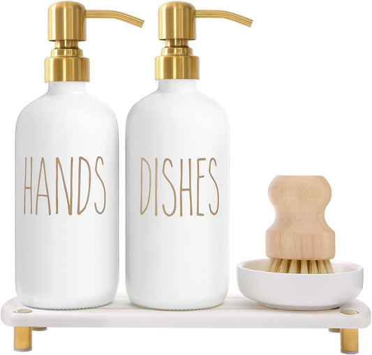 MOMEEMO Gold Soap Dispenser Set Comes with Stainless Steel Pumps, Instant Dry Tray, and Dish Scrub Brush, Suitable for Kitchen Decor and Accessories. (Gold)