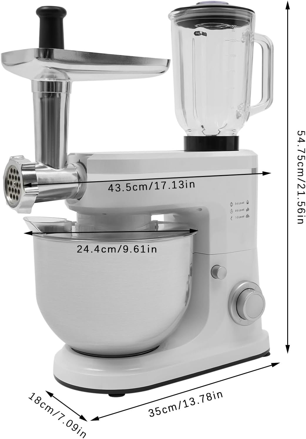 Stand Mixer, 3-in-1 Food Processor Multifunctional Electric Kitchen Mixer with 6 Accessories for Most Home Cooks, 6.34 Qt (White)