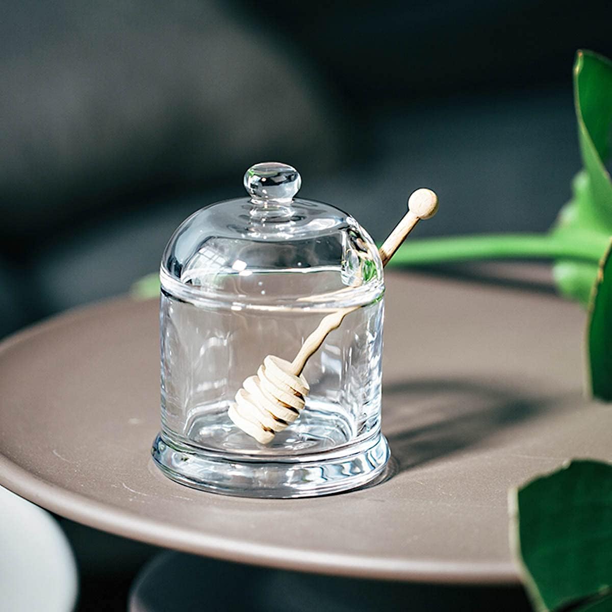 Glass Honey Jar with Wooden Dipper and Glass Lid,Honey Pot Dispenser for Store Honey and Syru,10 Ounces