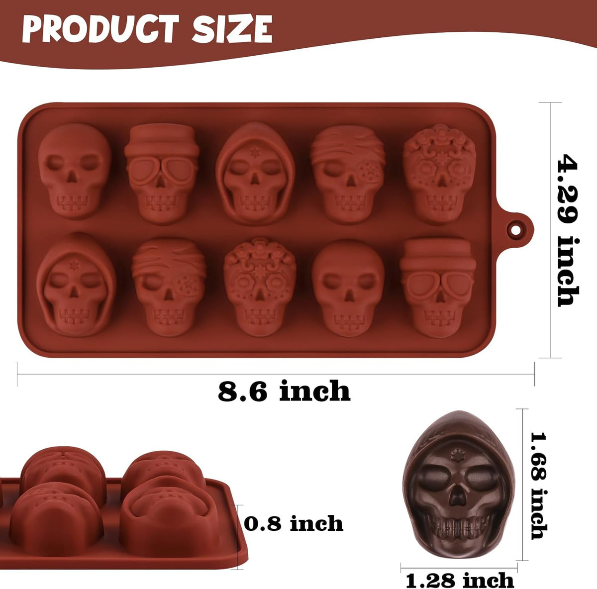 Actvty Skull Chocolate Molds, Halloween Chocolate Candy Molds, 2 Packs 10 Cavity Skull Silicone Molds with 5 Different Designs for Making Chocolate, Candy, Gummy, Jello, Cake Decor, Wax Melts