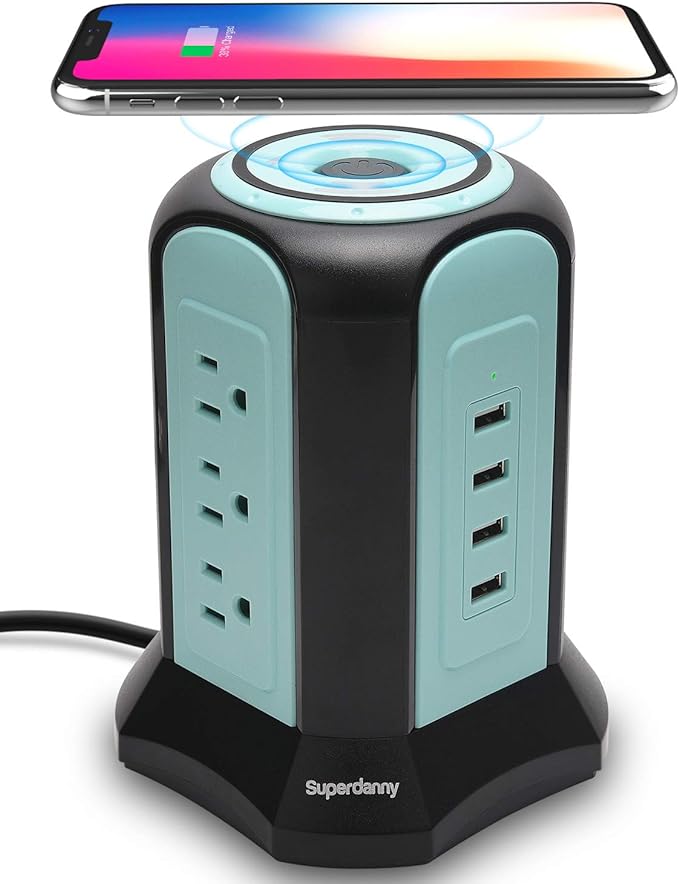 Power Strip Tower Wireless Charger, SUPERDANNY Surge Protector Tower, 10A 1080J Charger Station with 9 Outlets & 4 USB Ports, Extension Cord 10ft for Laptop Phone Black and Blue