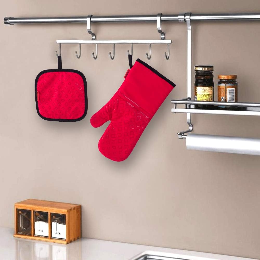 Set of 4 Oven Mitts and Pot Holders, 482 F Heat Resistant Hot Plate Moving Non-Slip Gloves for BBQ, Grill, Baking, Cooking, Oven, Microwave (Red)