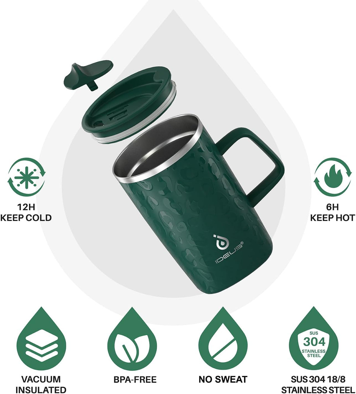 Ideus Vacuum Insulated Coffee Mug, 16oz Reusable Stainless Steel Thermal Double Walled cup with Handle and Slider Lid for Hot & Cold Beverages, BPA Free (Leapord Dark Green)