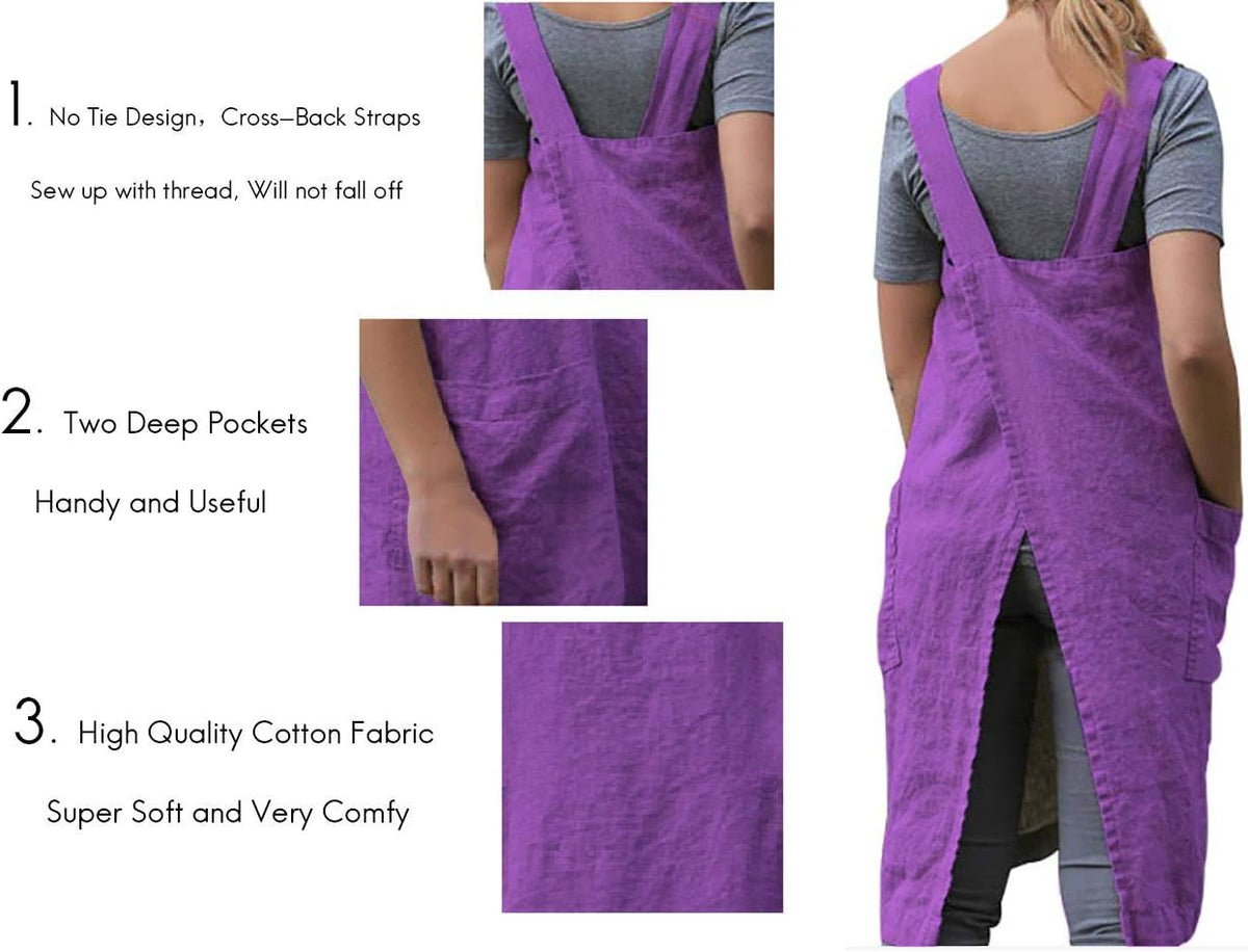 Women's Pinafore Square Apron Baking Cooking Gardening Works Cross Back Cotton/Linen Blend Dress with 2 Pockets