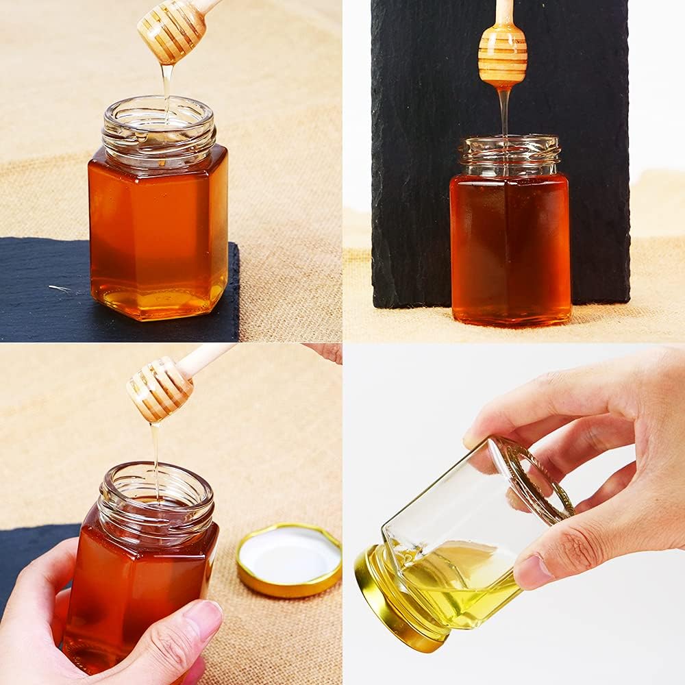 24 Pack 4oz Glass Hexagon Honey Jars Golden Lids -Wooden Honey Dipper, Bee Charms, Tag String, Gold Gift Bags, Thank You Gift Tags, Wedding Favors Baby Shower Party (Gold 24 bags)