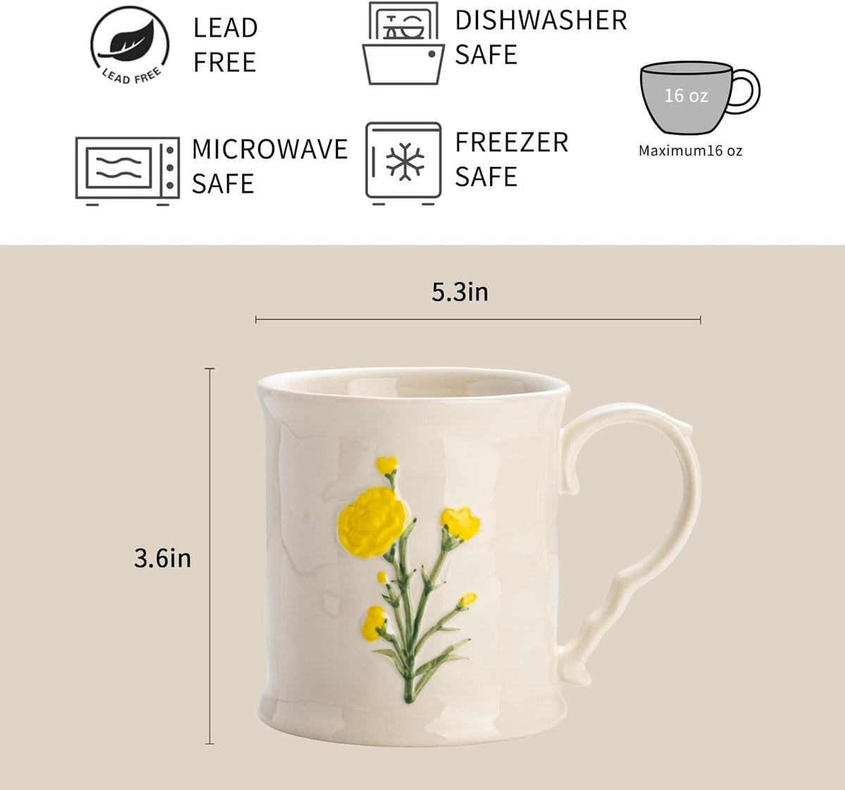 Ceramic coffee Mugs, Set of 1 Yellow Flower - 12oz, Hand-Painted, Microwave heating and dishwasher cleaning available, Ideal for Daily Brews