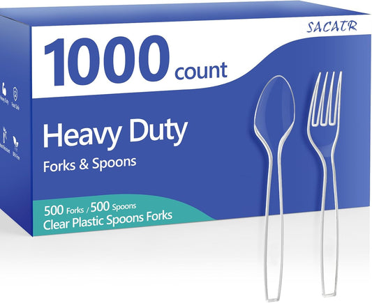 1000 Count Plastic Silverware Heavy Duty - 500 Spoons, 500 Forks, BPA-Free, Heat Resistant, Disposable Plastic Utensils Set, Plastic Cutlery Set, Plasticware Bulk for Party