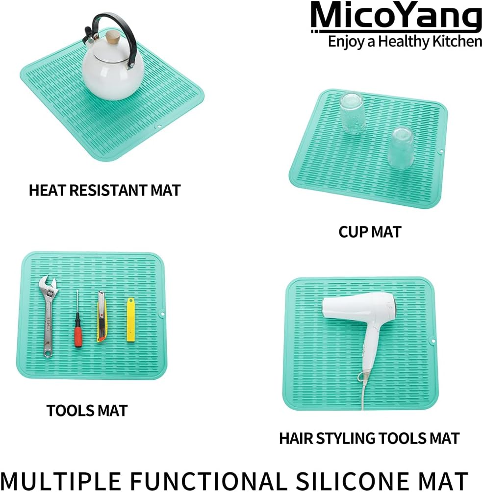 Silicone Dish Drying Mat for Multiple Usage,Easy clean,Eco-friendly,Heat-resistant Silicone Mat for Kitchen Counter or Sink,Refrigerator or Drawer Liner Mint 2XL 24 inches x 18 inches