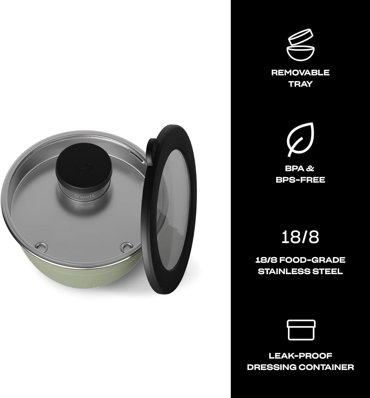 S'well Stainless Steel Salad Bowl Kit 64oz, Mountain Sage, Comes with 2oz Mini Canister and Removable Tray for Organization, Leakproof, Easy to Clean, Dishwasher Safe
