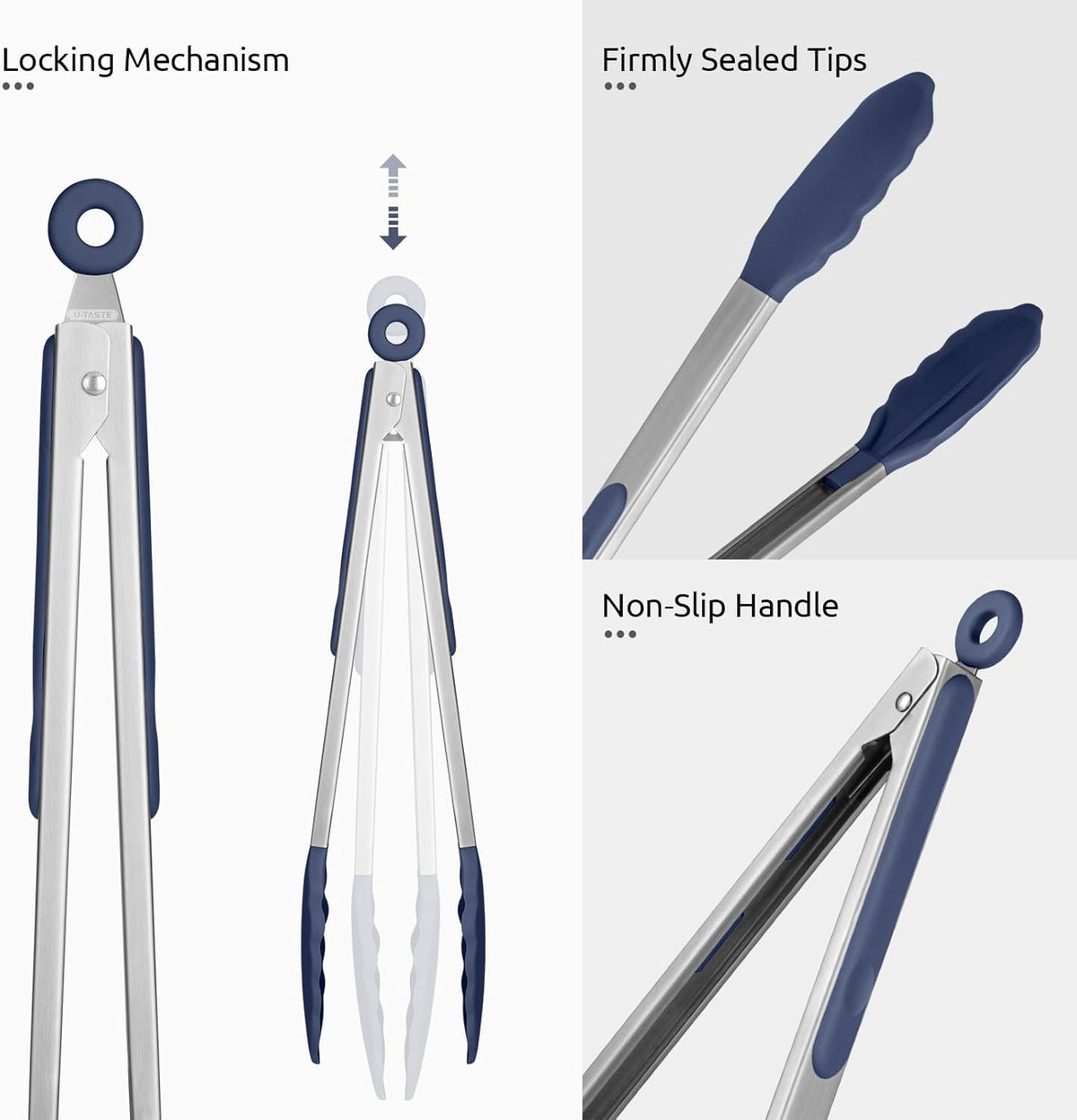 600ºF Heat Resistant Kitchen Tongs: U-Taste 7/9/12 inch Silicone Cooking Tong Set with Non Stick Rubber Tips and Silicon Coated 18/8 Stainless Steel Handle for Serving Grilling Salad(Midnight Blue)