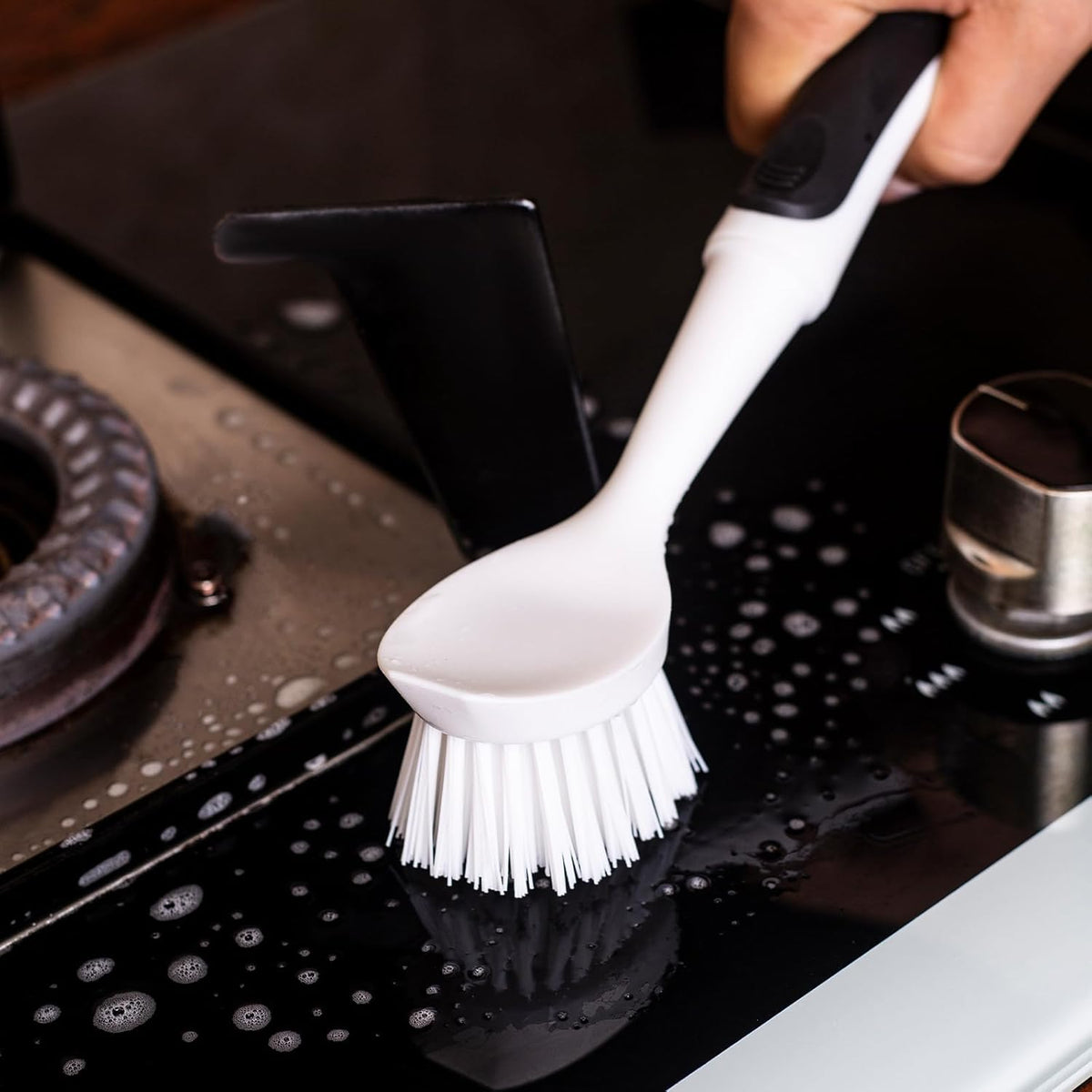 Dish Brush with Handle, Dish Scrub Brush with Built-in Scraper, Nylon Dish Scrubber, Kitchen Brushes for Dishes,Pots, Pans and Sinks 2 Pack