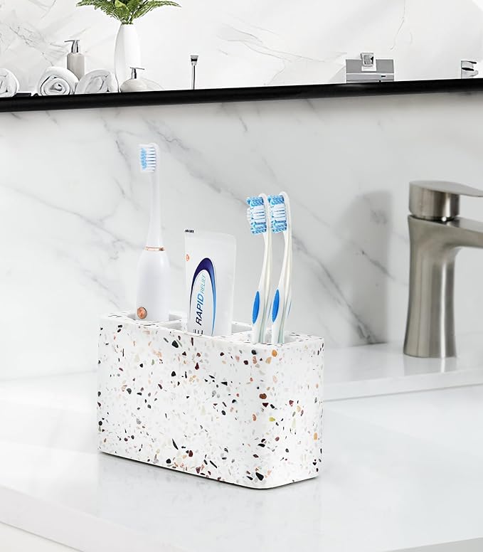 Luxspire Electric Toothbrush Holder, 3 Slots Large Toothbrush Toothpaste Stand, Resin Storage for Bathroom Accessories Vanity Counter Sink Organizer Caddy, Terrazzo