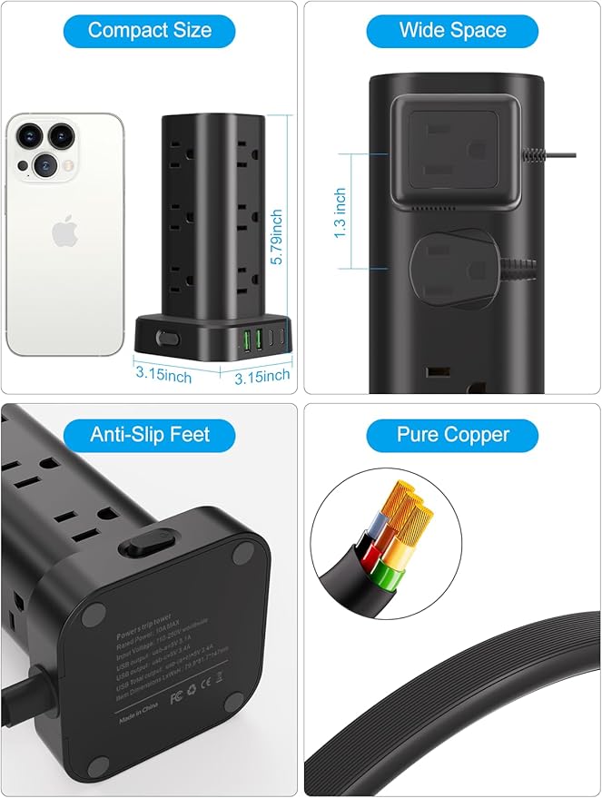 Power Strip Tower with Multiple Outlets, Flat Plug Surge Protector Tower Extension Cord with 12 AC Outlets 4 USB Ports (2 USB C), 10FT Cord Power Tower Surge Protector for Home Office Dorm Room, Black