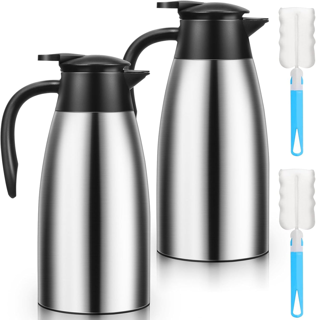 2 PCS 68 OZ Thermal Coffee Carafe, Insulated Stainless Steel Coffee Carafe Double Walled Vacuum Thermal Pot Flask with Brushes Thermos for Keeping Hot Coffee Tea Home and Office (Silver)