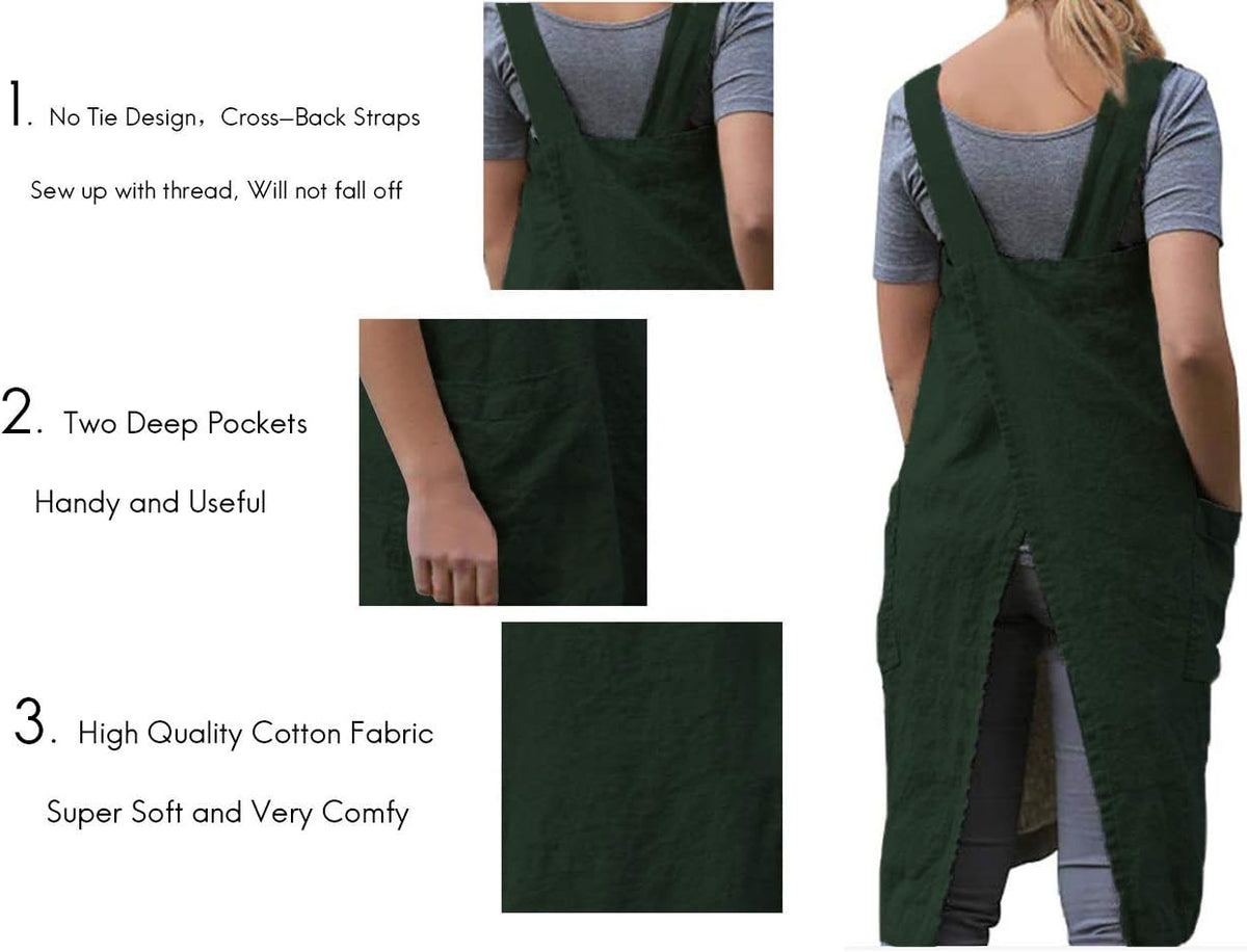 Women's Pinafore Square Apron Baking Cooking Gardening Works Cross Back Cotton/Linen Blend Dress with 2 Pockets
