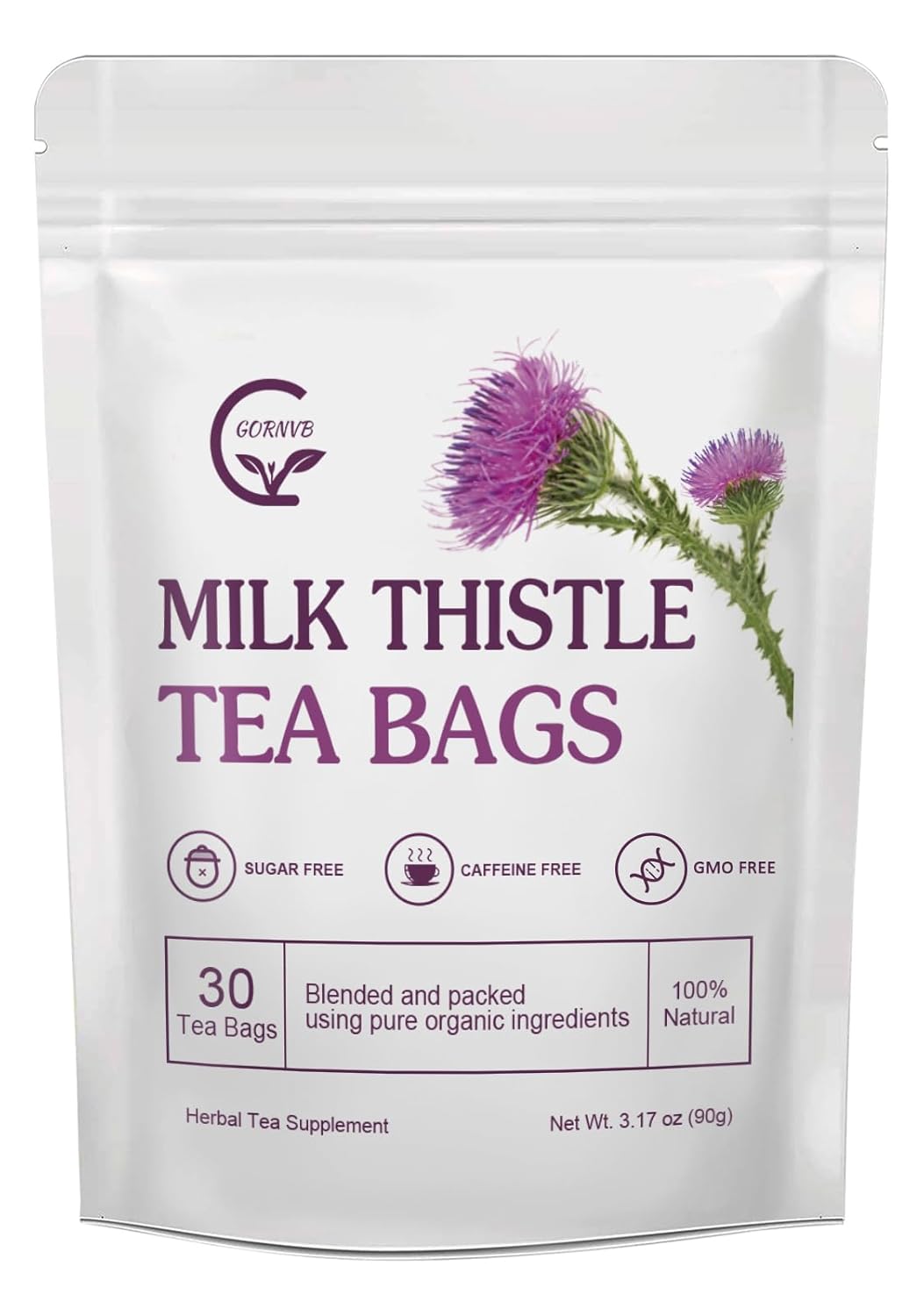 Organic Milk Thistle Tea Bags, Liver Support Herbal Tea, Caffeine Free, 30 Tea Bags