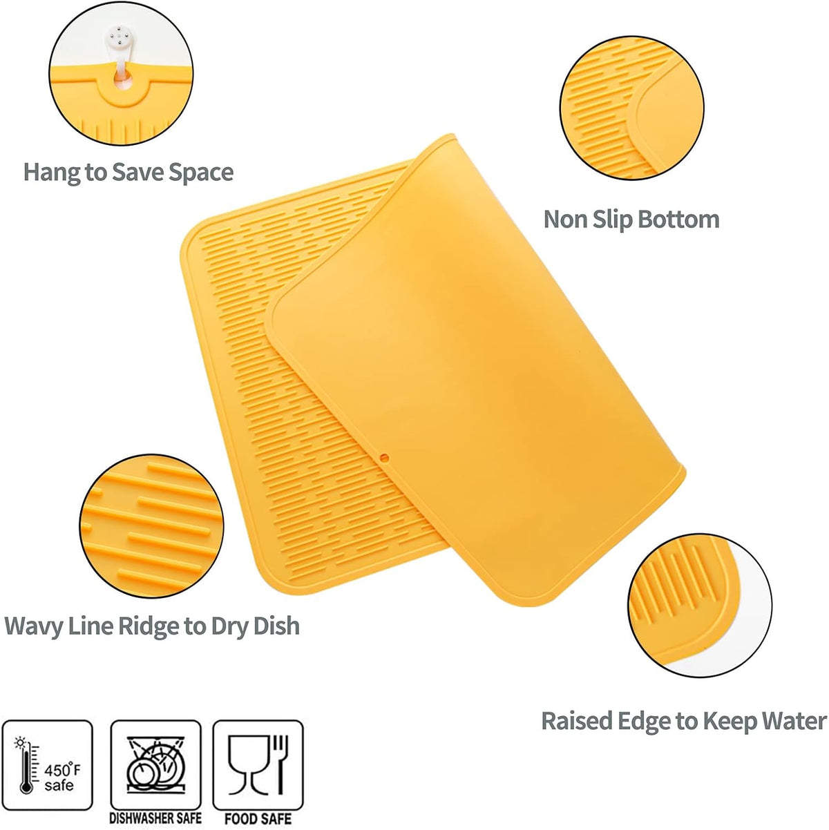 Silicone Dish Drying Mat for Multiple Usage,Easy clean,Eco-friendly,Heat-resistant Silicone Mat for Kitchen Counter or Sink,Refrigerator or Drawer Liner Yellow 3XL 28 inches x 18 inches
