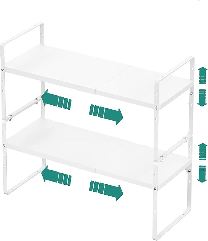 Expandable Cabinet Shelf Organizer Rack, Stackable Kitchen Counter Storage Shelves Stand, Adjustable Height Pantry Shelf Spice Rack, Heavy Duty Nonslip White Small 2Pack