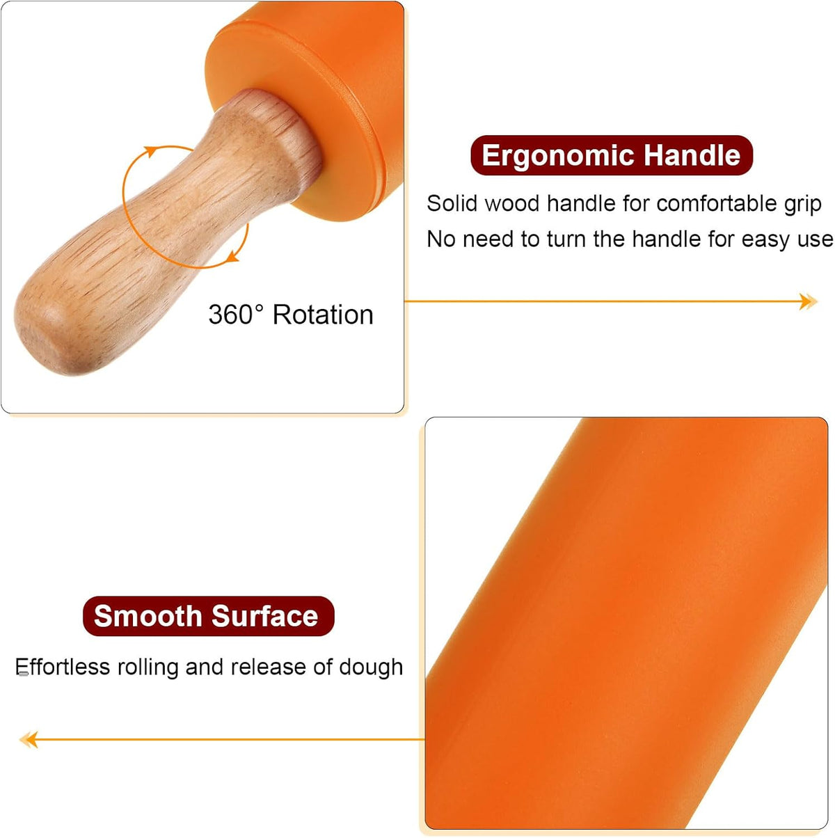HARFINGTON Silicone Rolling Pins for Baking 12 Inch Wooden Handle Non Stick Rolling Pin Small Roller Playdough Rolling Pins for Dough Pizza Pastry Fondant Kitchen, Orange