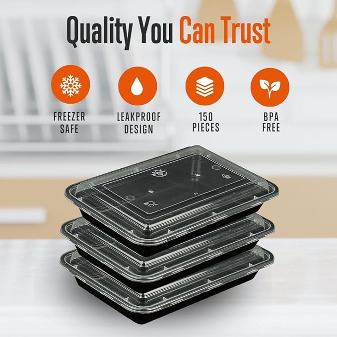 SQUATZ 150 Meal Prep Containers with Lids for Adults - 33oz, Microwave Safe, Reusable Food Storage, Freezer Safe, Leak-Free Lunch Container - Includes Utensils