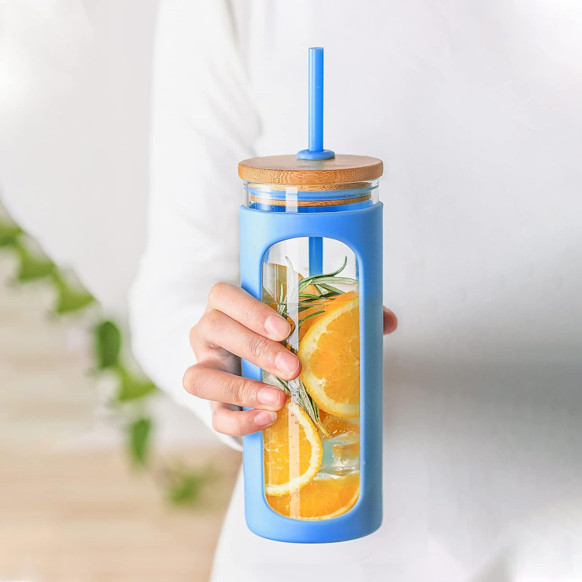 Kodrine 20oz Glass Tumbler with Straw and Lid, Iced Coffee Cups with Bamboo Lids, Glass Cups for Cold Drinks, Smoothie Cup with Silicone Sleeve for Travel, Work, BPA FREE-SkyBlue