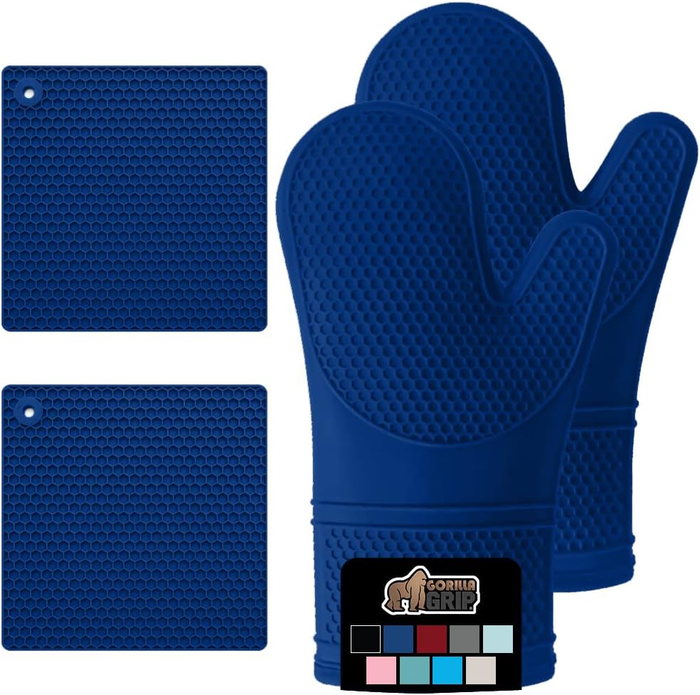 GORILLA GRIP BPA-Free Soft Silicone Oven Mitts and Pot Holders Sets of 4, Heat Resistant Waterproof Cooking Gloves, Thick Cotton Lining, Flexible Gripping for Baking Grilling, Kitchen Trivets, Blue