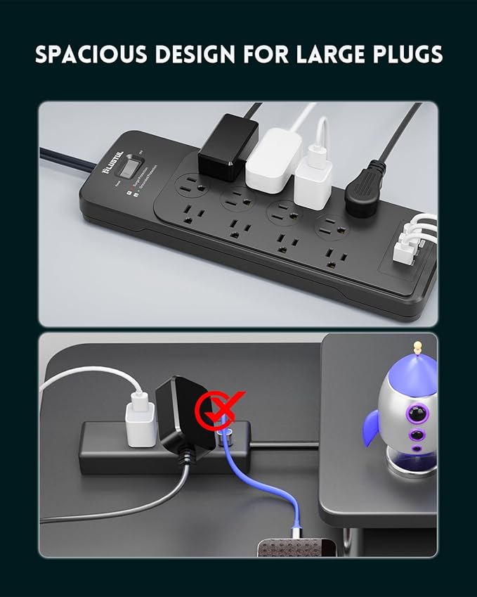 PLUGTUL Surge Protector Power Strip 5FT(4080J), Black Surge Protector with 12 Outlets - Spacious Design for Large Plugs, Flat Plug, 20W USB C Charging for Home, Office, ETL Listed
