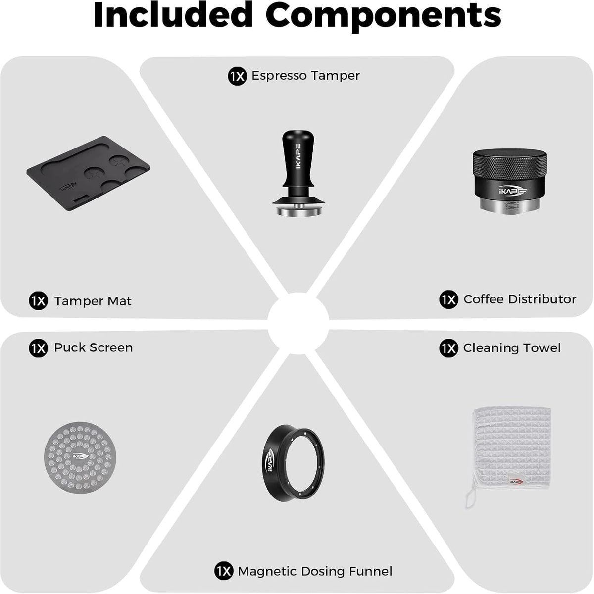IKAPE 53.3MM Espresso Tamper Kit Black 6 IN 1, Espresso Tool Kit with Coffee Tamper, Distributor, Magnetic Dosing Funnel, Silicone Mat, Puck Screen, Cleaning Towel