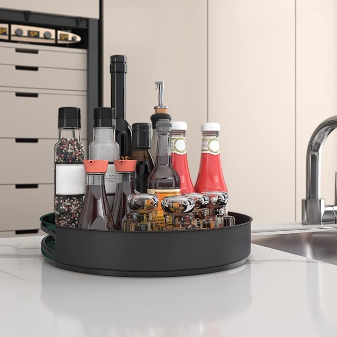 VAEHOLD Lazy Susan Stainless Steel Black Spice Rack Turntable for Pantry Cabinet - Decorative Trays Storage Containers Organizer for Kitchen Cabinet, Snacks, Bathroom (12 inches)
