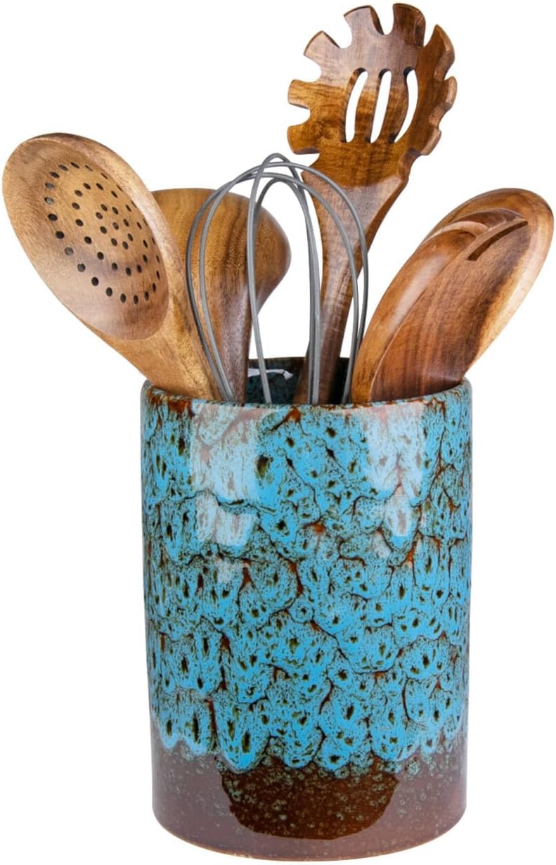 Utensil Holder, Ceramic Kitchen Utensil Holder for Countertop, Large Cooking Utensil Crocks for Kitchen Counter, Morden Utensil Organizer for Spatula, kitchen Decor,Blue