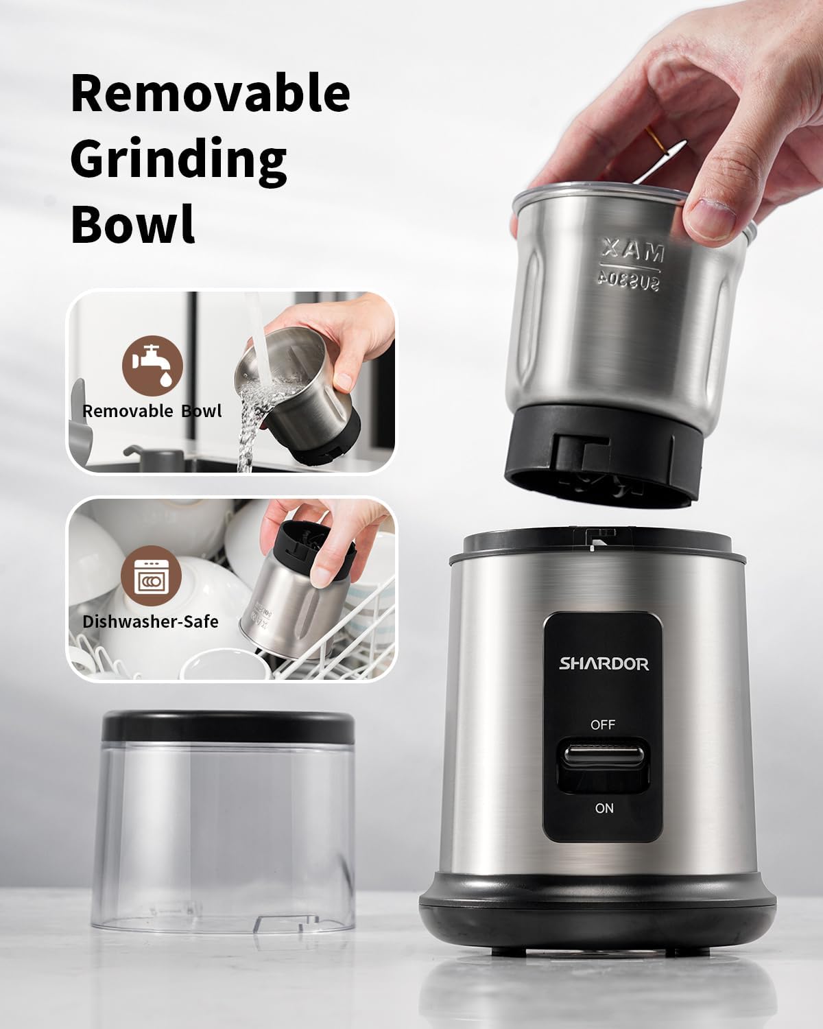 SHARDOR One Touch Coffee Grinder Electric, Spice, Herb, For Coffee Bean Spices and Seeds with 1 Removable Stainless Steel Bowl, Dry Grinder, Silver