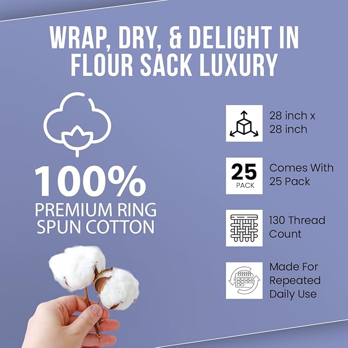 WHITEWRAP Flour Sack Towels| TeaTowel for Crafts| Kitchen Dish Cotton Blank Towel for Embroidery|Baking Bread Proofing Linen Cover| Thick Absorbent Quick Dry| 24 Pack 28"x28" White