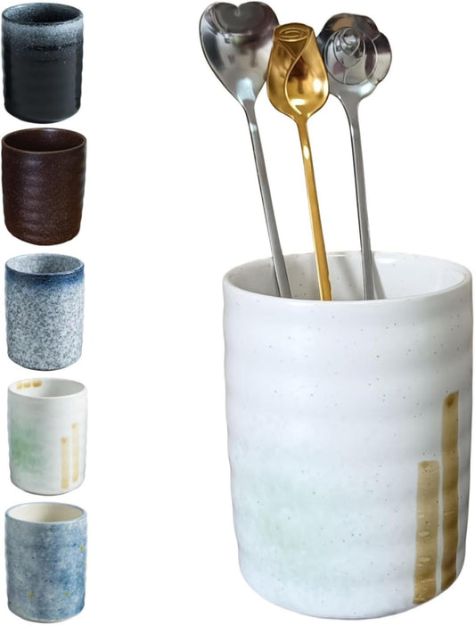 Stoneware Coffee Bar Utensil Holder Tea & Coffee Spoon & Stirrer Holder for Stir Stick Straw Teaspoon Holder Spoon Cup Small Utensil Jar (Spring Sprout)