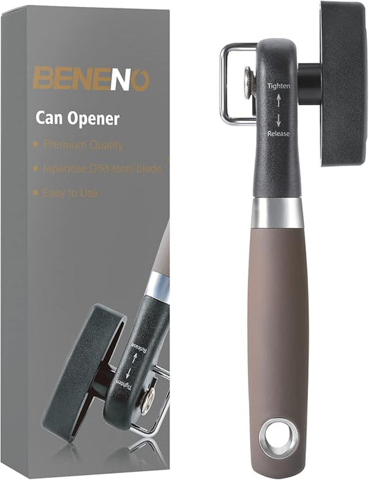 Beneno Can Opener, Manual Side Safe Cut Can Opener Smooth Edge with Durable Sharp Blade, Effort-Saving Knob & Comfortable Non-slip Handle, Brown