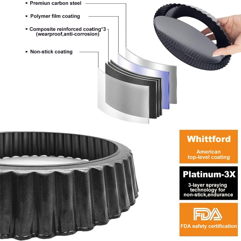 Tart Flan Pie Pan Nonstick Heavy Duty 10 Inch Quiche Cheese Molds With Removable Loose Bottom Fluted
