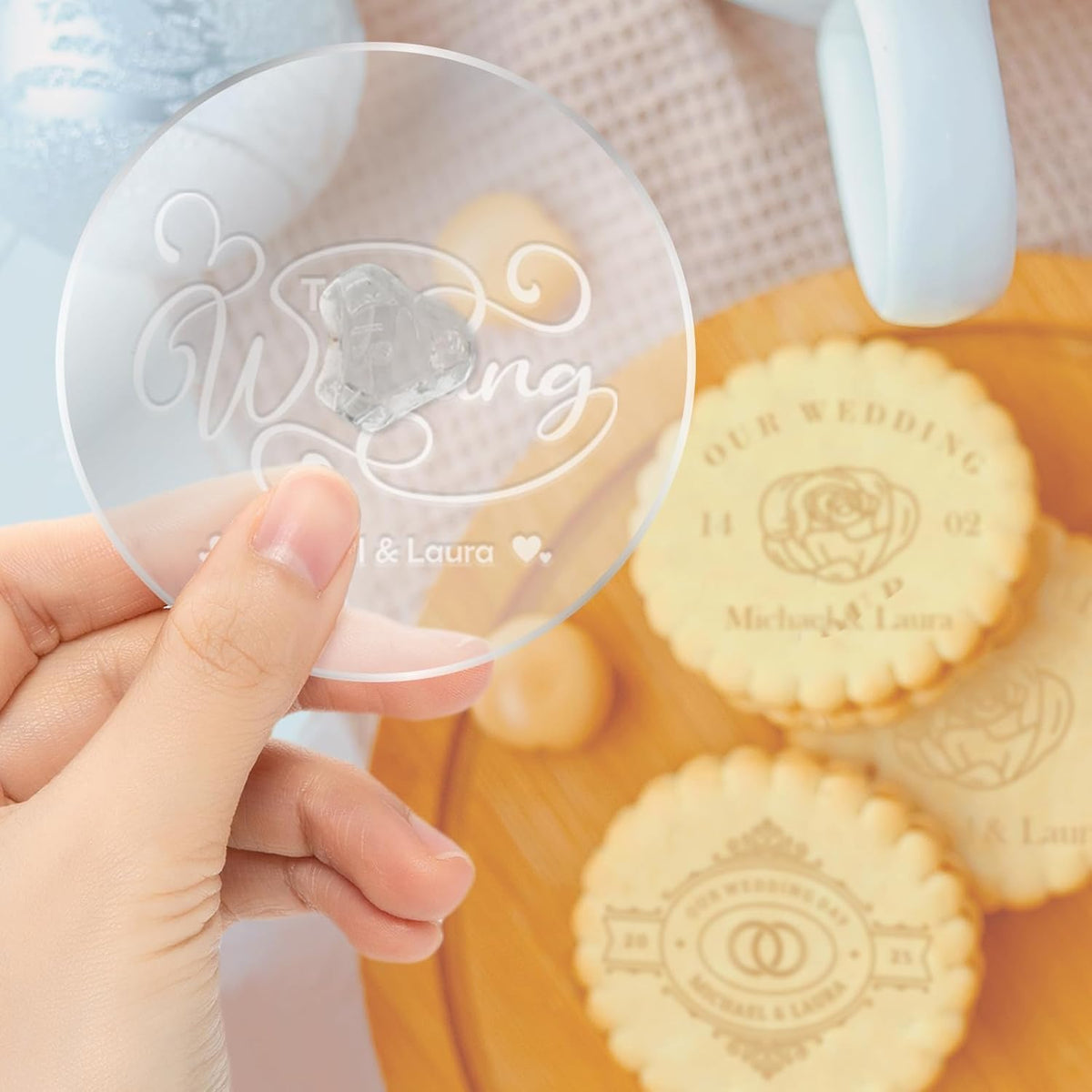 Personalized Wedding Cookie Stamp Custom Acrylic Cookie Embossing Mold with Handle for Baking Decoration