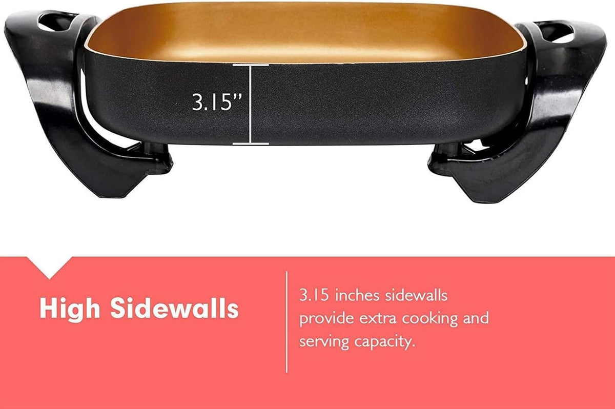 Caynel Professional Non-stick Copper Electric Skillet Jumbo, Deep Dish with Tempered Glass Vented Lid, Upgrade Thermostat, 16”x 12”x 3.15”- 8 quart