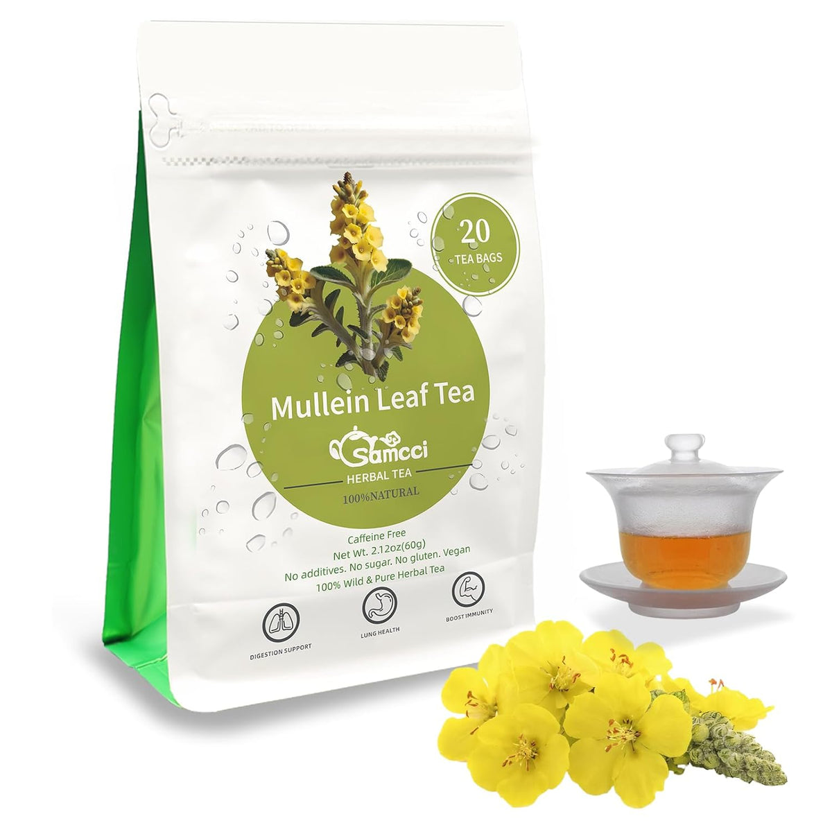 Samcci - Mullein Tea Bags, 20 Teabags, 3g/bag, 100% Pure Mullein Tea Bags for Lungs Cleanse, Natural Herbal Tea Bags, Caffeine Free & No Additives Mullein Leaf Tea for Detox & Respiratory Support