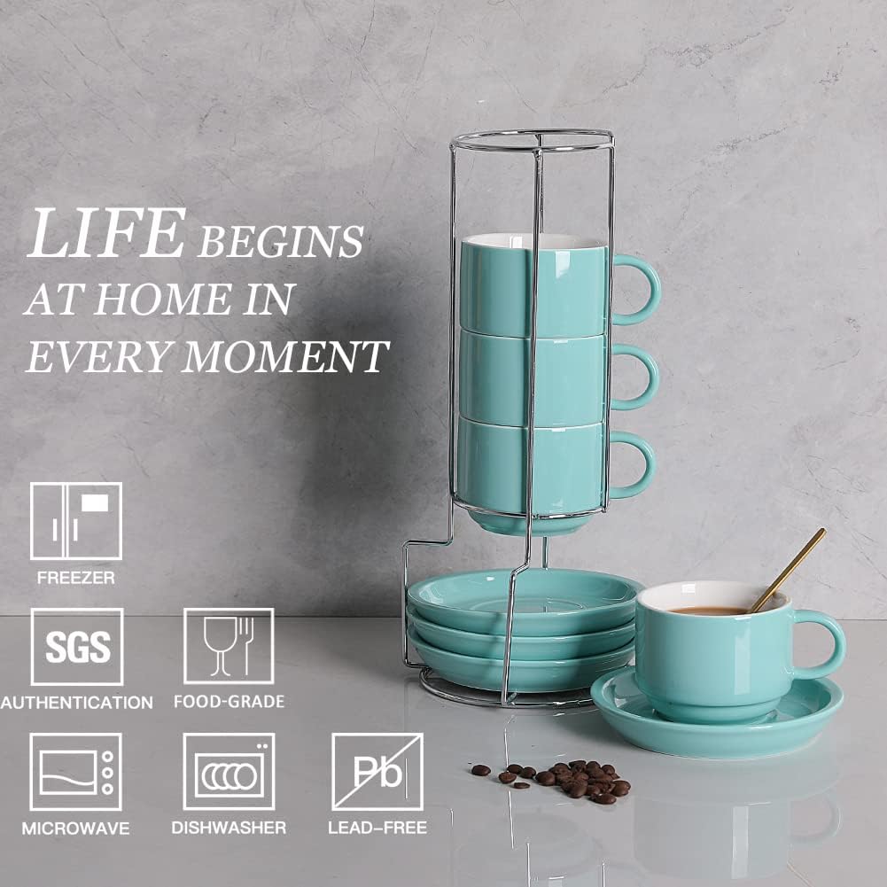 Sweejar Porcelain Cappuccino Cups with Saucers and Metal Stand, 8 Ounce Stackable Espresso Cups for Specialty Coffee Drinks, Latte, Americano, Tea - Set of 4 (Turquoise)